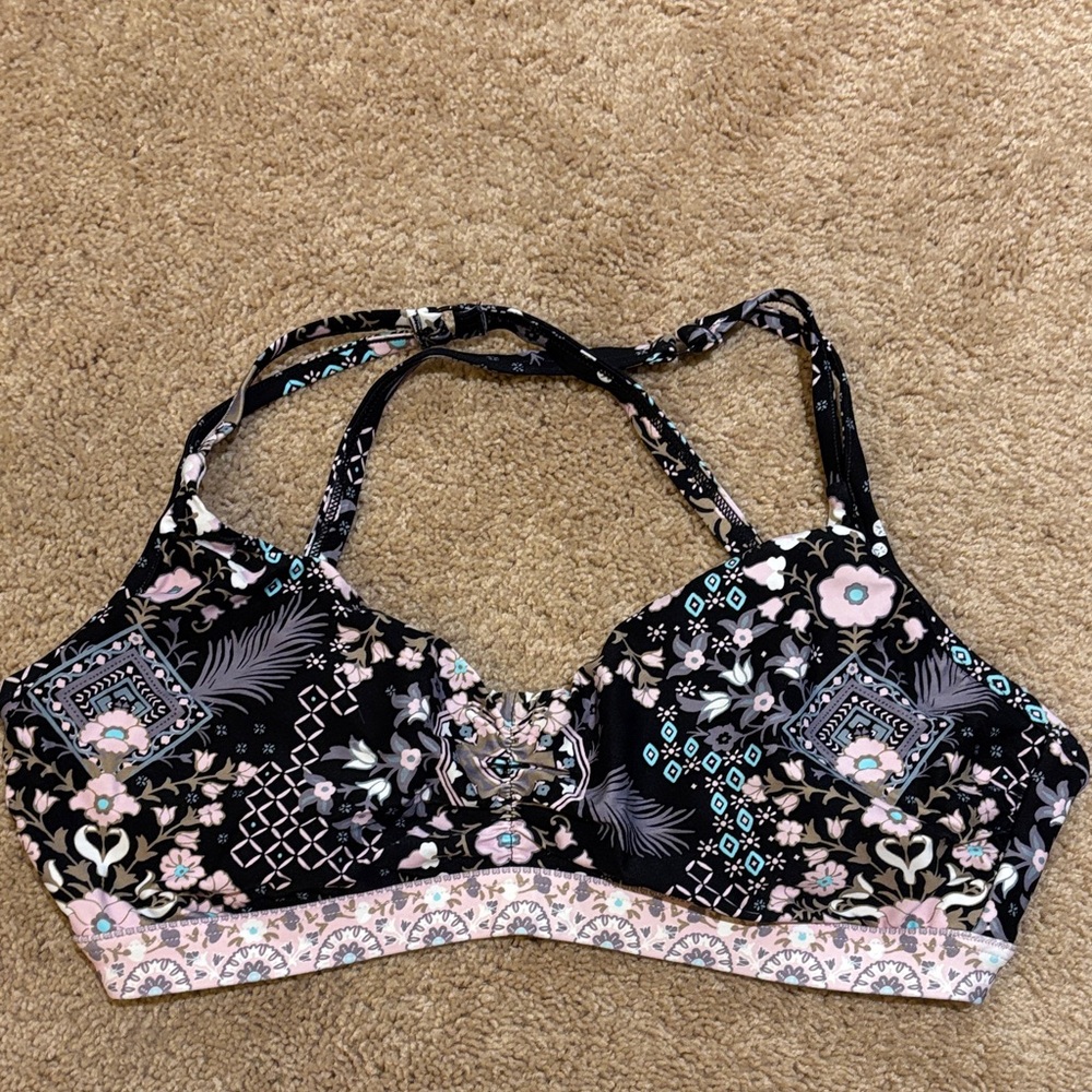 Seafolly Black and Pink Floral Bikini Top USA Size 6F 6DDD